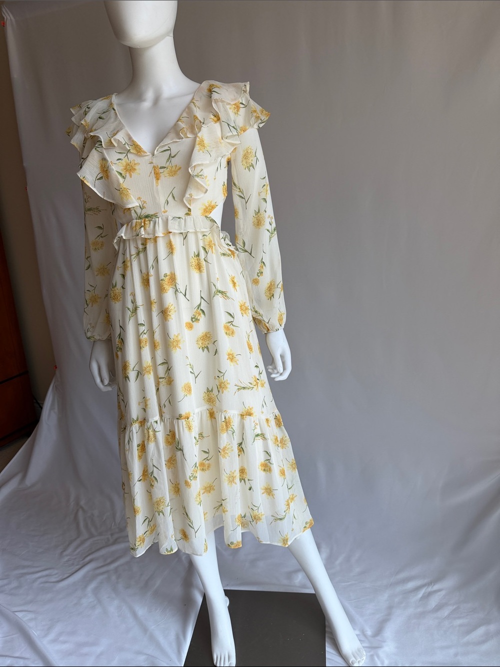Miss Selfridge Cream Floral Ruffle Midi Dress with Yellow Blooms